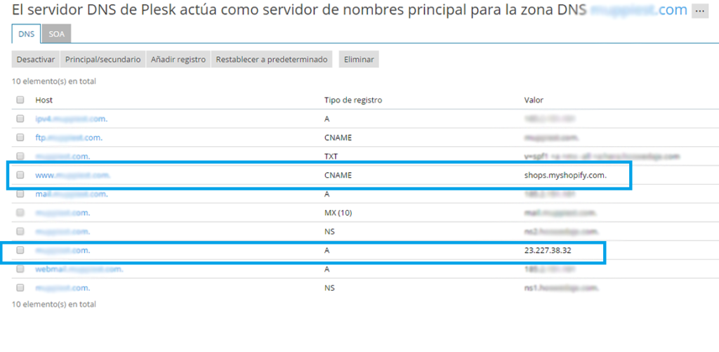 DNS para dominio de Shopify